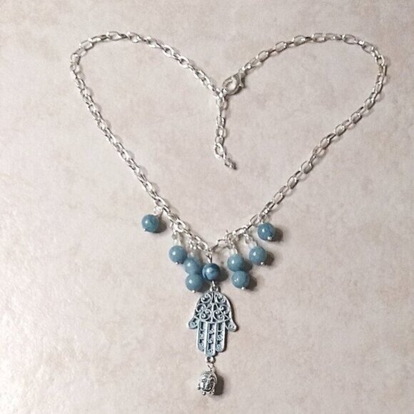 Boho Blue Agate & Patina Painted Hamsa Hand + Buddha - 20" Adjustable Necklace - Picture 2 of 9